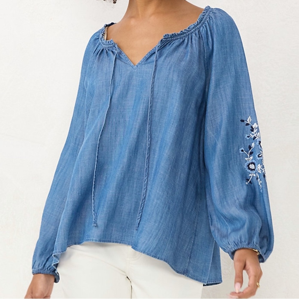 Lauren Conrad Tencel Chambray Denim Floral Embroidered Long Sleeve Swing